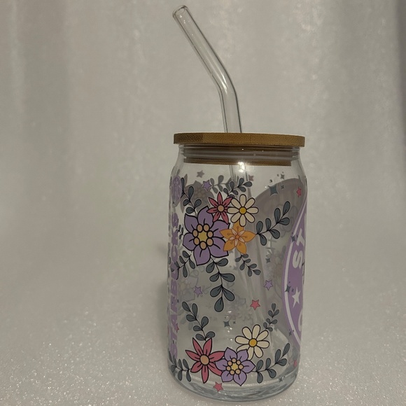 Hello Kitty Starbucks Floral Glass Libby Cup w/ Lid and Glass Straw- 16oz - Picture 5 of 5
